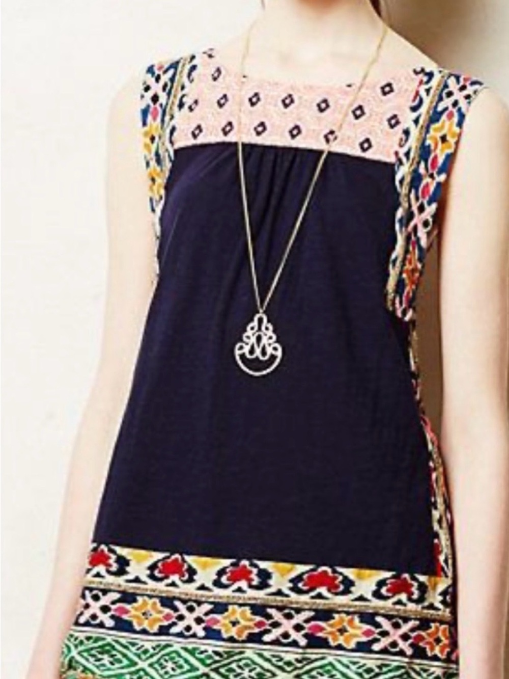Navy Embroidered Sleeveless Tank Dress with Multicolor Trim